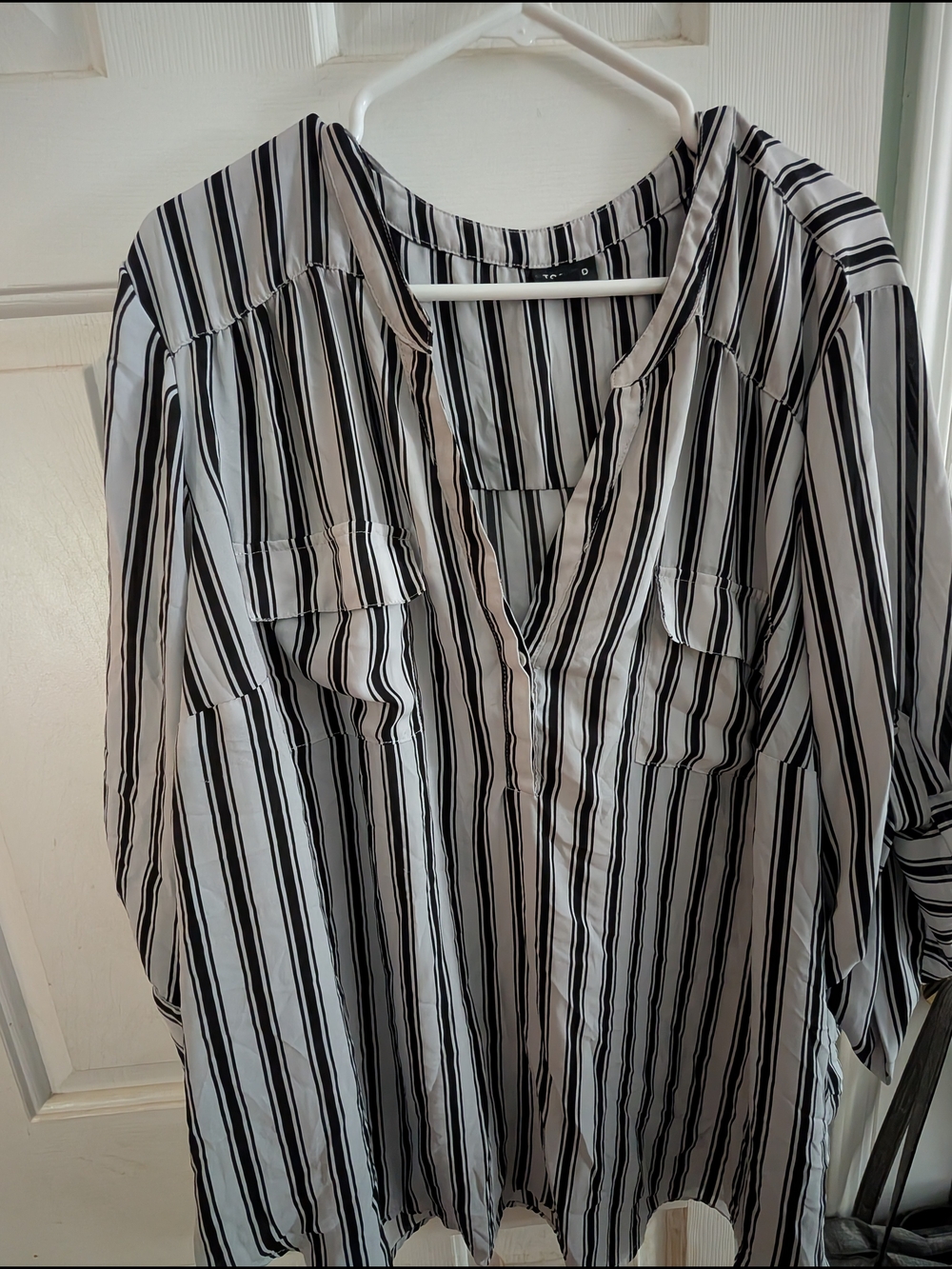 Women's Black & White Striped V-Neck Blouse